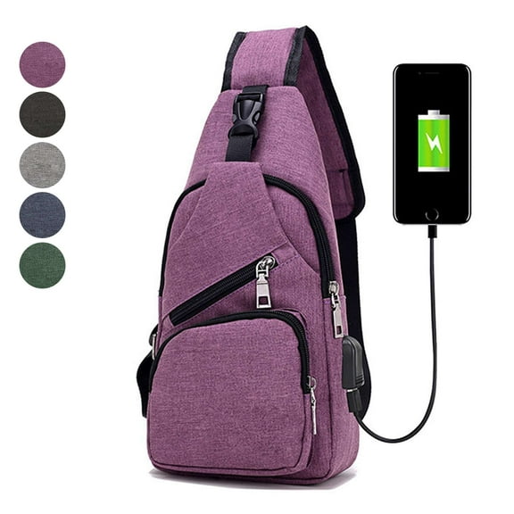 PULLIMORE Crossbody Sling Bag For Women Men - Chest Shoulder Bags with USB Charging for Outdoor Travel Hiking(Purple)