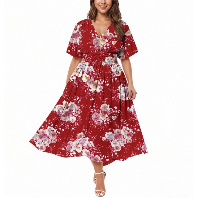 Robes en Mousseline pour Invitées de Mariage pour Femmes Grande Taille à Fleurs Smockées Robes de Soirée Formelles Longue Robe Maxi Rouge Melon D\'eau, 2TG