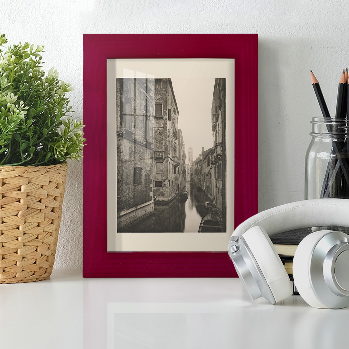 Vintage Views of Venice V - Framed Print w/glass - Cherry Red