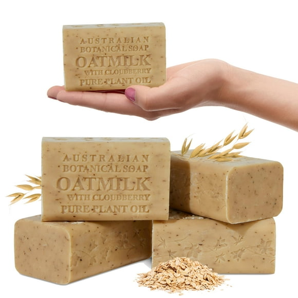 Jabón botánico australiano Leche de avena con mora de nube, barras de jabón de lujo de 6.6 oz enriquecidas con manteca de karité, adecuadas para hombres, mujeres y todo tipo de piel, paquete de 4
