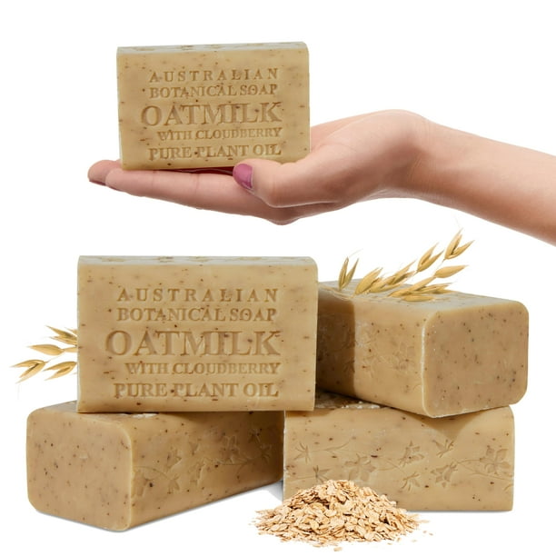 Jabón botánico australiano Leche de avena con mora de nube, barras de jabón de lujo de 6.6 oz enriquecidas con manteca de karité, adecuadas para hombres, mujeres y todo tipo de piel, paquete de 4