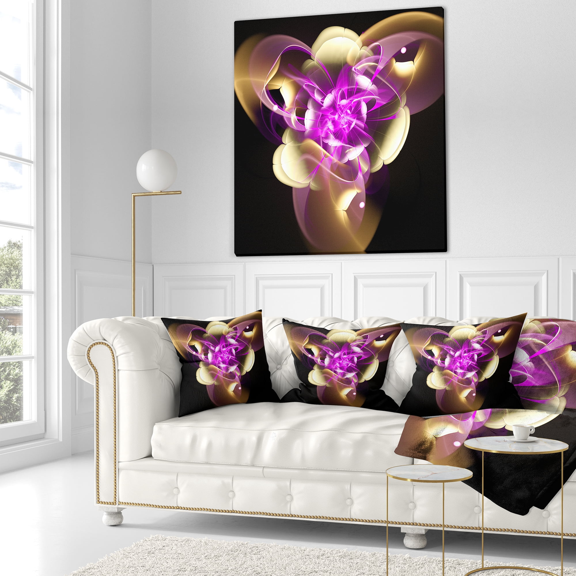 Designart Purple and Golden Fractal Flower Design - Abstract Throw Pillow - 16x16