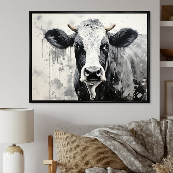 Designart "Minimalist Black And White Cow" Animals Cow Floater Framed Canvas Prints