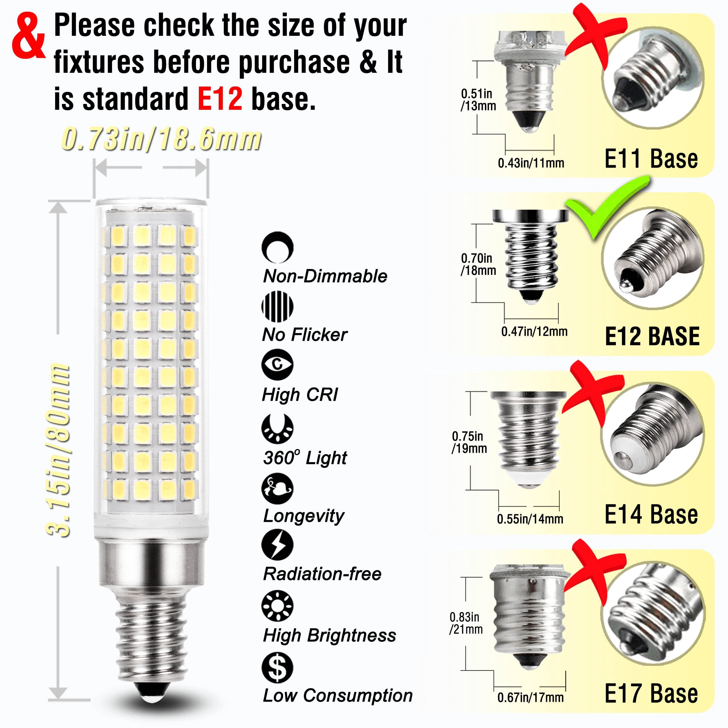 ALIDE E12 10W 6000K LED Candelabra Bulbs,  100w Equivalent 1200lm for ceiling fan light, chandelier, pendant light , Non-dimmable, 4Pack
