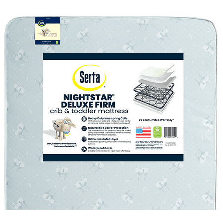 Serta Nightstar Deluxe Firm 5.25-Inch Dual Sided Standard Baby Crib and Toddler Mattress - 120 Coils - Waterproof - Lightweight - GREENGUARD Gold Certified (Natural/Non-Toxic) - 25 Year Warranty