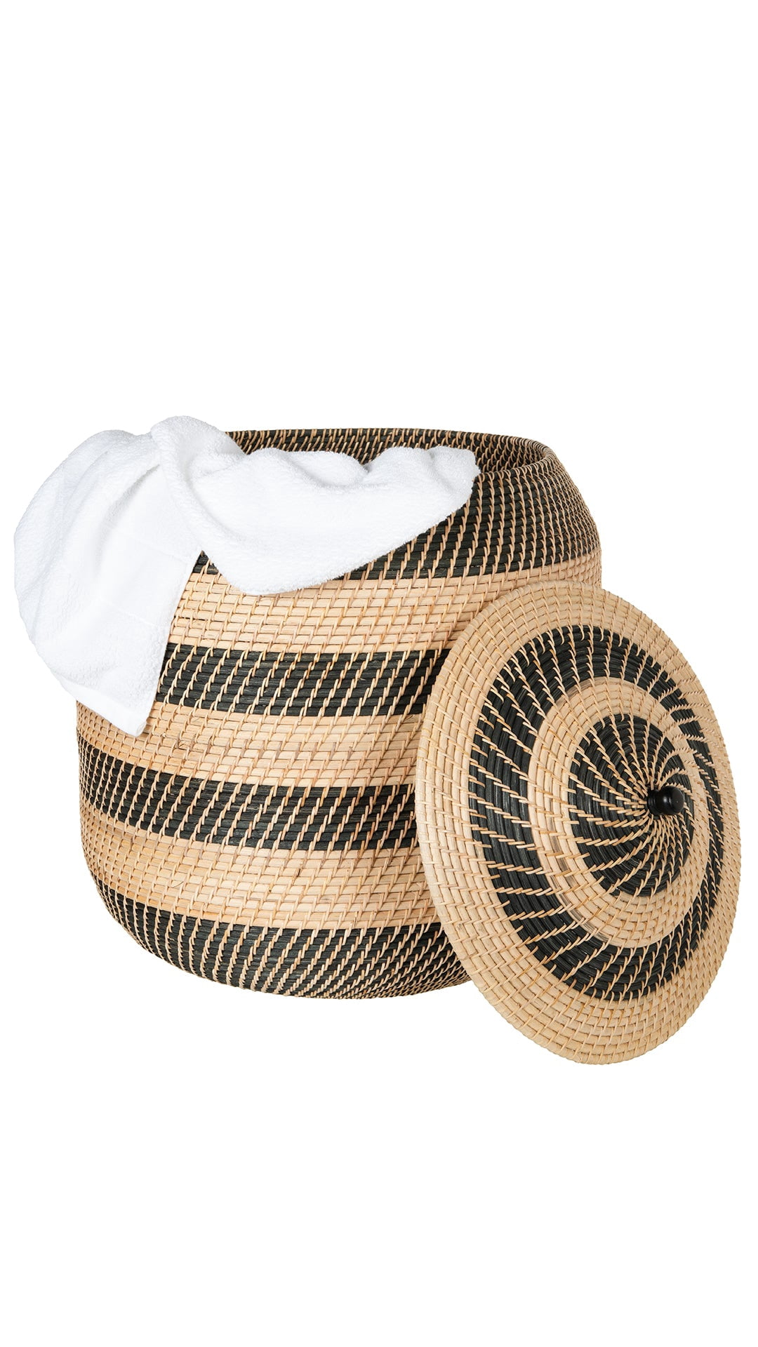 Kouboo Rattan Belly Basket, Round Storage Basket with Lid, Organizer for Laundry, Throws, Pillow, Towel, Extra-Large, Natural-Black
