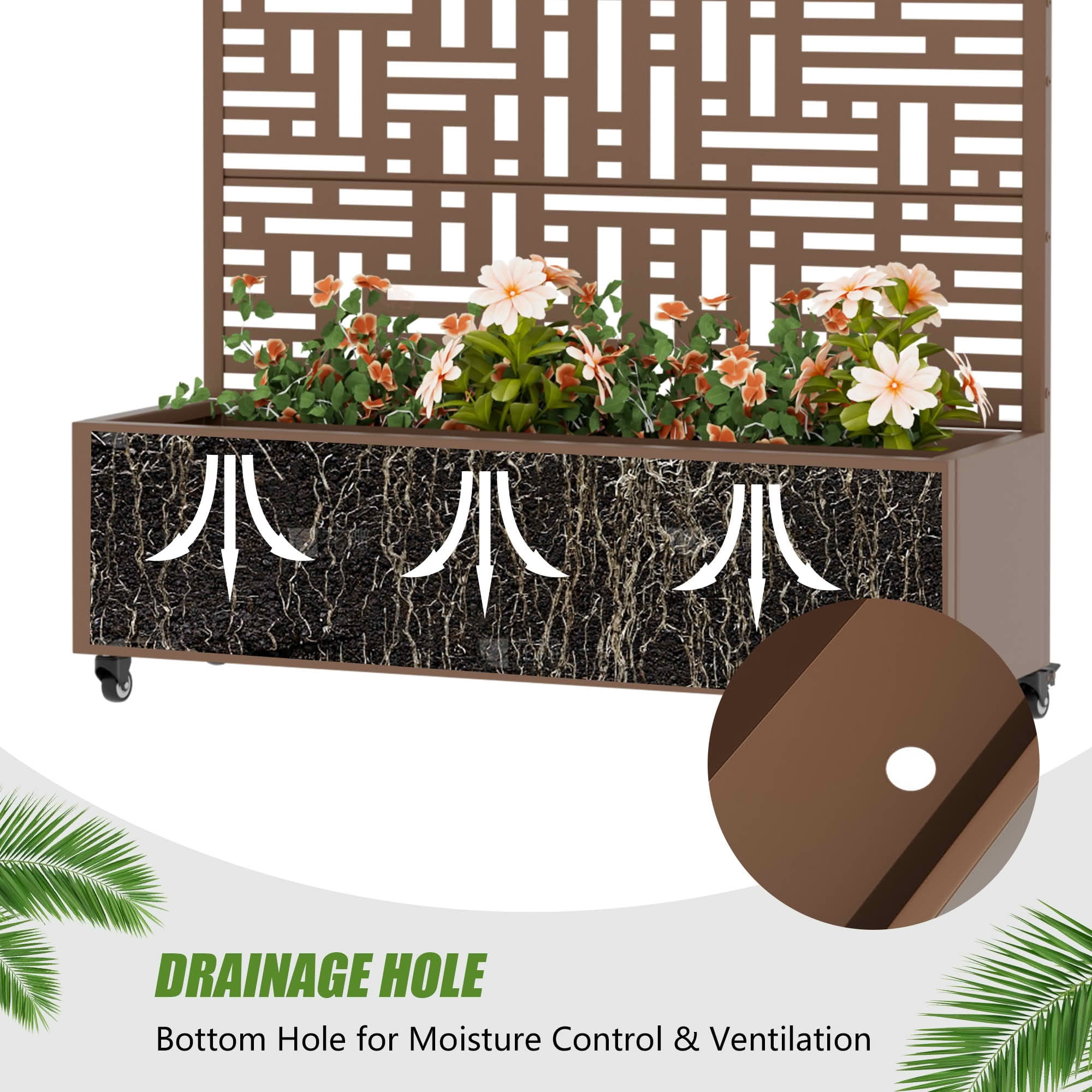 MAYEERTY 47X47" Metal Outdoor Brown Privacy Screen with Planter Box for Backyard & Garden, 3 Piece Set