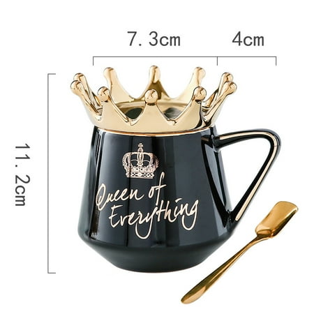

Queen of Everything Mug With Crown Lid and Spoon Ceramic Coffee Cup Gift for Girlfriend Wife Black