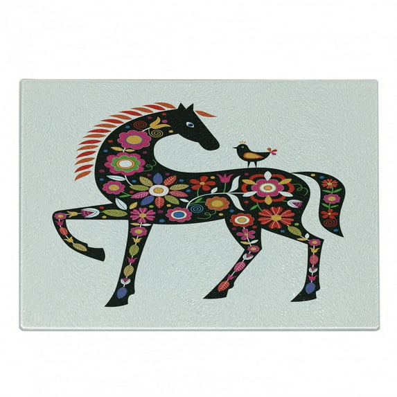 Folk Art Cutting Board, Abstract Animal Print Horse and Bird with Traditional Slovak Flower Ornaments, Decorative Tempered Glass Cutting and Serving Board, in 3 Sizes, by Ambesonne