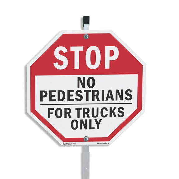 Stop No Pedestrians for Trucks Only 10 inch X 10 inch Octagon Plastic Sign with Aluminum Mounting Stake Weather Resistant UV Protected for Workplace Private Property and Construction