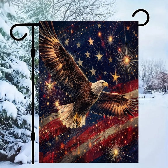 RKSupls Patriotic Linen Double Sided Garden Flag, Independence Day Themed Yard Decor, Eagle Flight Fireworks Night Flag Outdoor Banner for Holiday Lawn