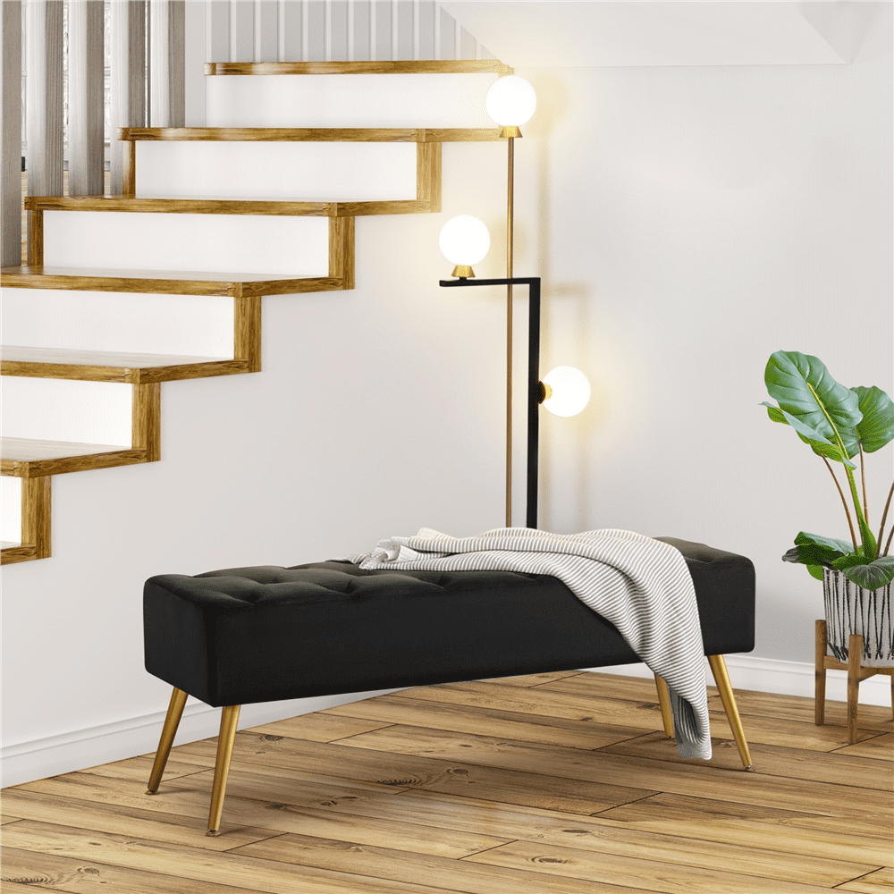 Alden Design Modern Upholstered Velvet Ottoman Footstool Bench for Bedroom, Black