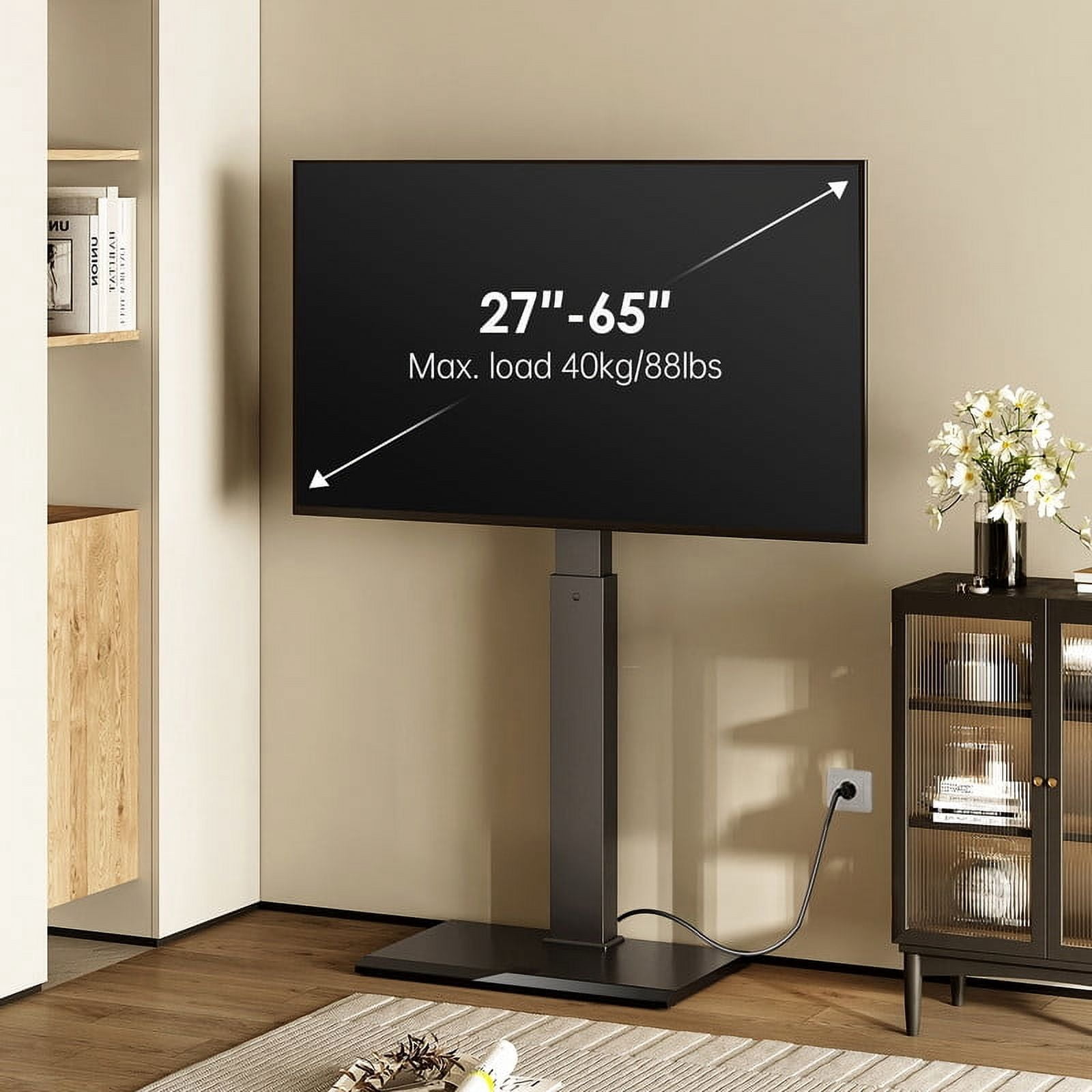 FITUEYES Modern Black Swivel Floor TV Stand for TVs up to 65 inch Metal Base with Power Strip Mount