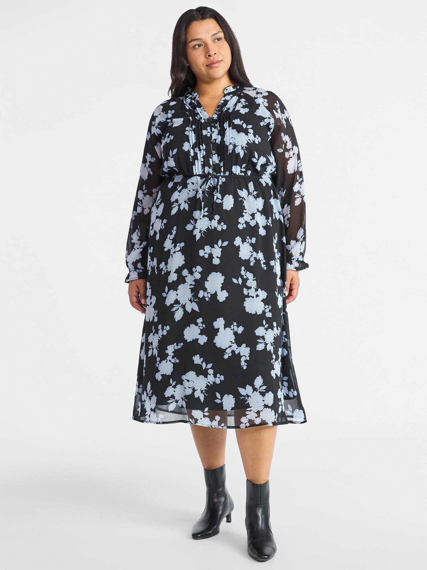 Time and Tru Women's Pintuck Midi Dress with Long Sleeves, Sizes XS-XXXL