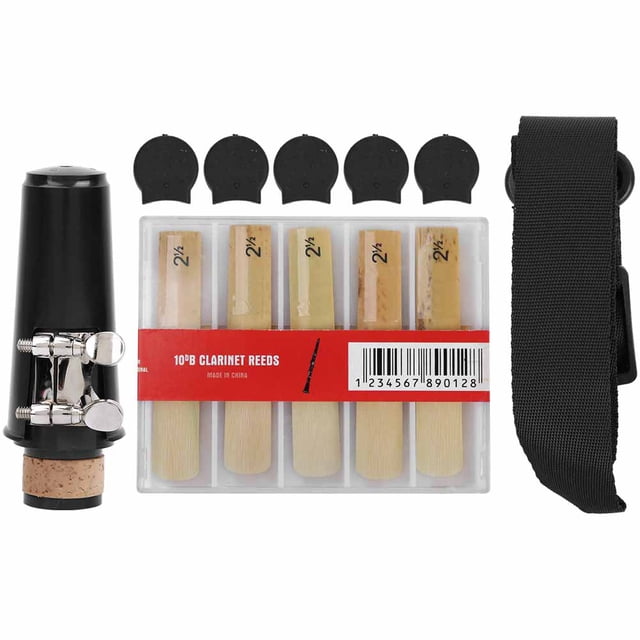 Juego de accesorios para clarinete: boquilla, correa para el cuello, caña para clarinete y almohadilla para el pulgar.