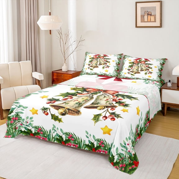 Homewish Golden Bell 3pcs Twin Sheet Sets,Red Bow Knot Twin Fitted Sheet,Xmas Tree Leaves Breathable Flat Sheet,Breathable Home Decor