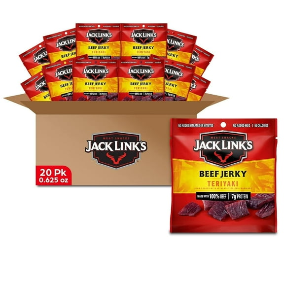 Jack Link's Beef Jerky, MFF30 Teriyaki, Multipack Bags - Meat Snacks for Lunches, Ready to Eat Protein Snacks, Individual Packs - 7g of Protein, Made with 100% Beef - 0.625 oz (Pack of 20)