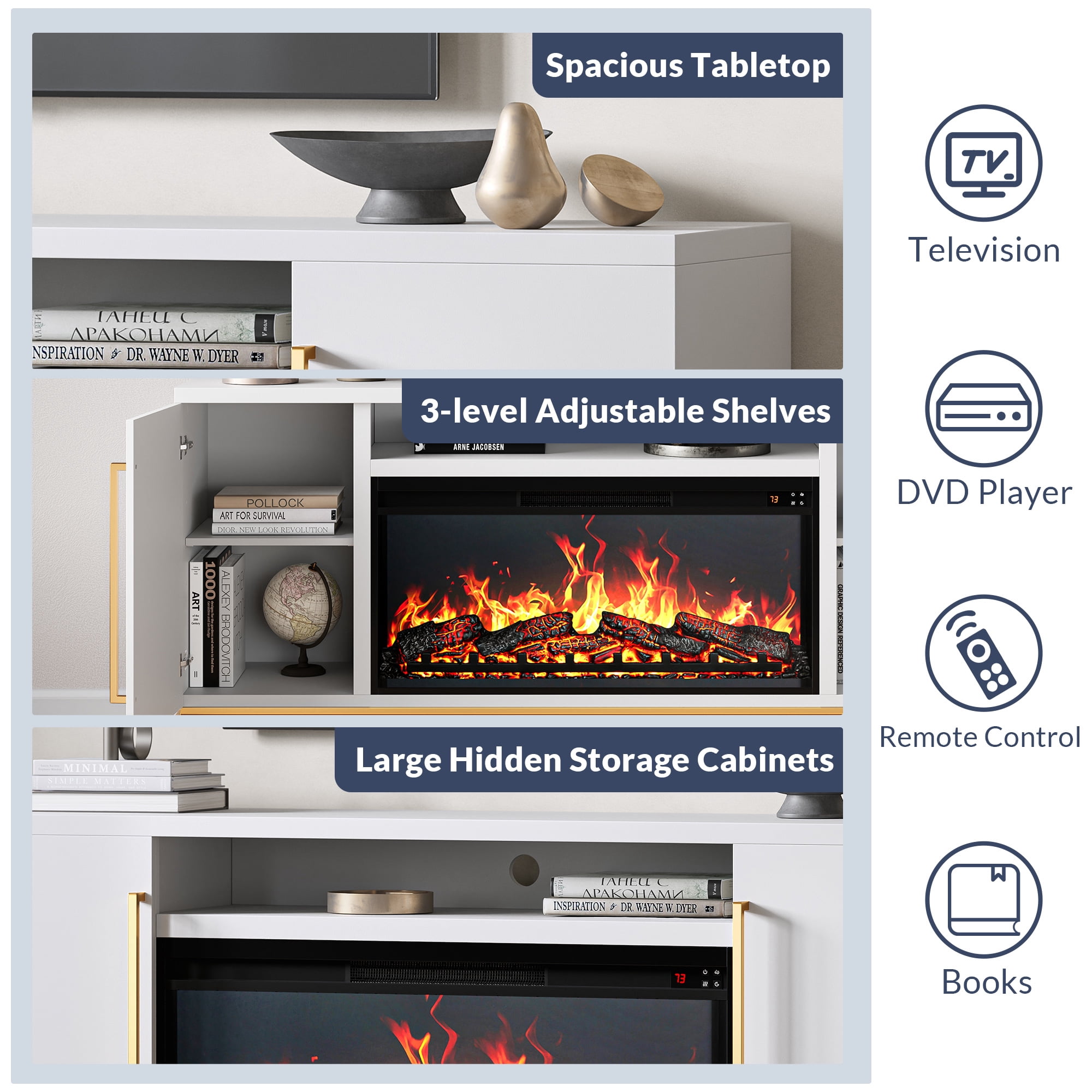 BELLEZE Fireplace TV Stand with 36" Electric Fireplace, Entertainment Center for TVs Up to 75", TV Console with Storage Cabinet and Open Shelf for Living Room, Bedroom - London (White)