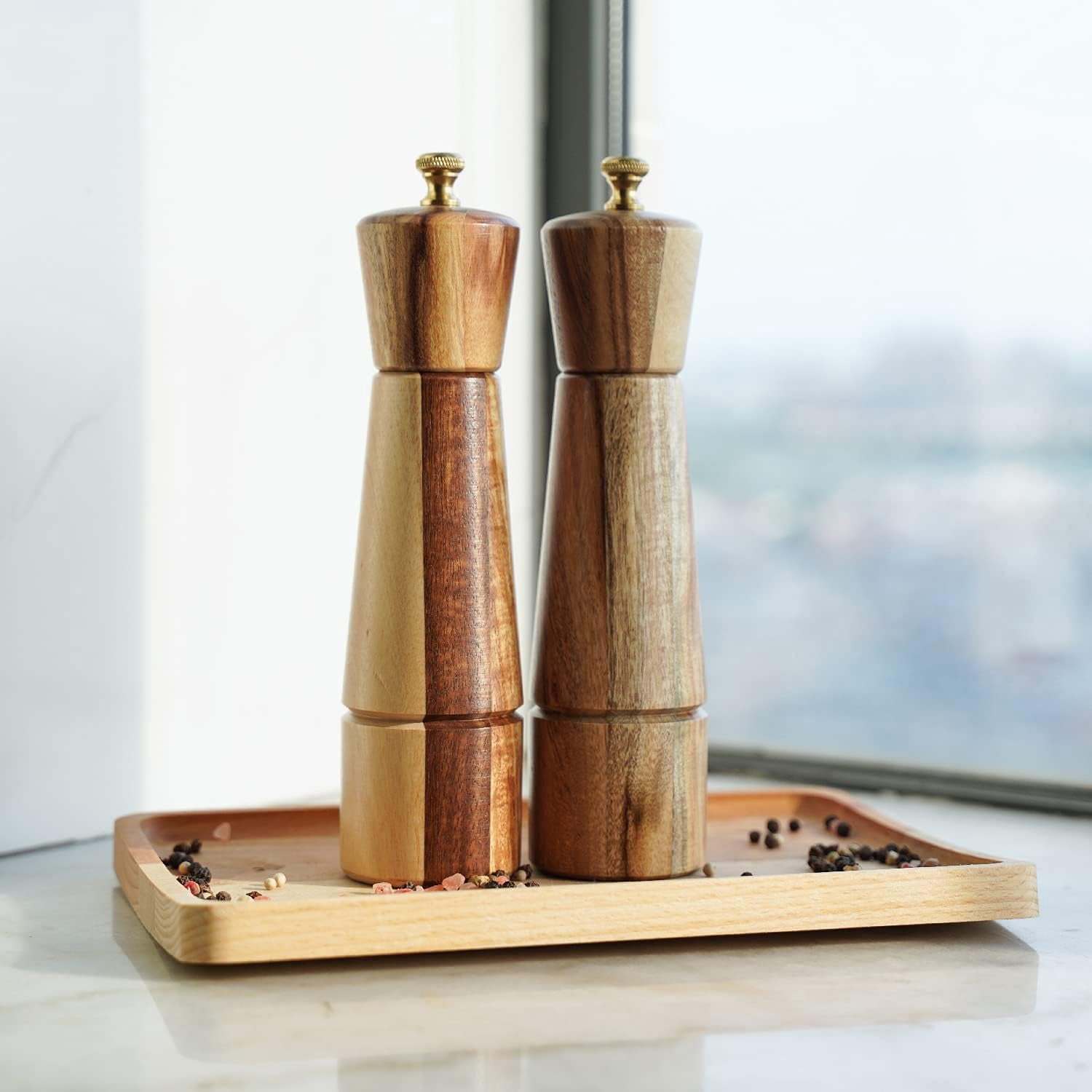 DeroTeno Salt and Pepper Mill Set, Adjustable Ceramic Grinder Salt Mill, Stainless Steel Grinder Pepper Mill, Acacia Wood, 8 inch/22 cm Height, Bottom Dia 5.5 cm (Tray is NOT Included)