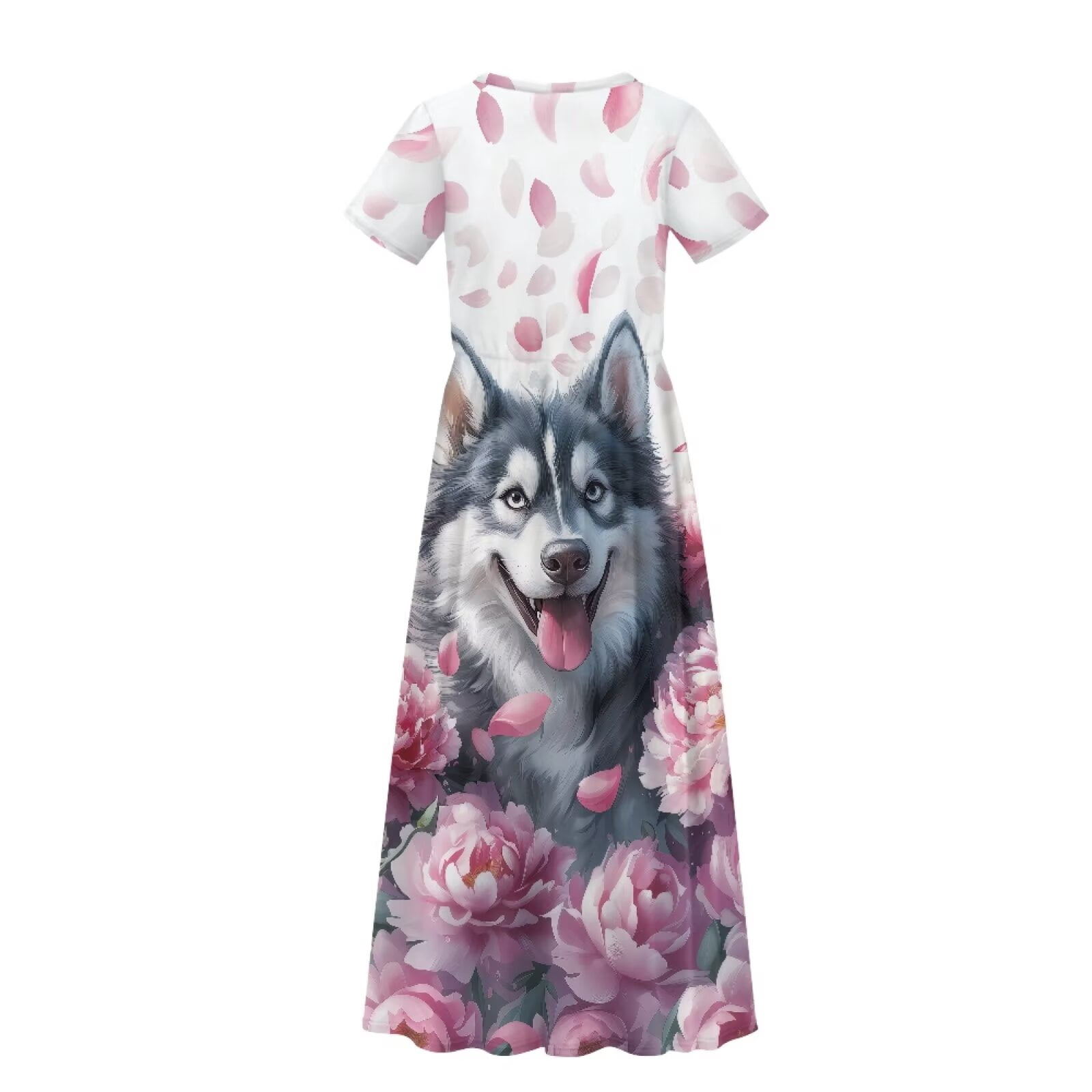 Uourmeti Girls Dress with Cute Husky Flower Print Short Sleeve Round Neck Casual Maxi Dresses with Pockets Summer Long Sundress for Kids, Size 13-14 Years
