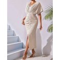 thumbnail image 3 of Osfvolr Womens Metallic Faux Wrap Cocktail Dress Solid Color V-Neck Pleated High Slit Short Sleeve Midi Dress  XL, 3 of 7