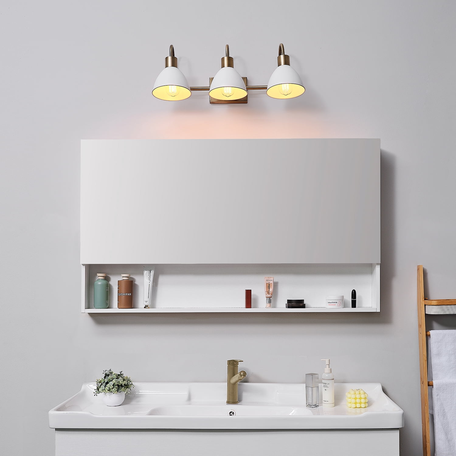 Globe Electric 24" 3-Light Matte Brass Vanity Light, White Metal Shades, Soft Glam Style, 91006818