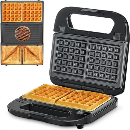 3-in-1 Waffle, Grill & Sandwich Maker, Panini Press Grill and Waffle Iron, Black
