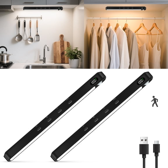 WILLED 64 LED Under Cabinet Lights, Rechargeable Motion Sensor Closet Lighting kit, Dimmable Magnetic LED Light Bar for Kitchen Counter Wardrobe, Black, 2 Pack