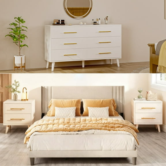 Lofka Bedroom Furniture Set - Includes Queen Bed Frame, Nightstands Set of 2 & Double Wide 6-Drawer Dresser - Modern Storage Solution for Stylish Home Decor