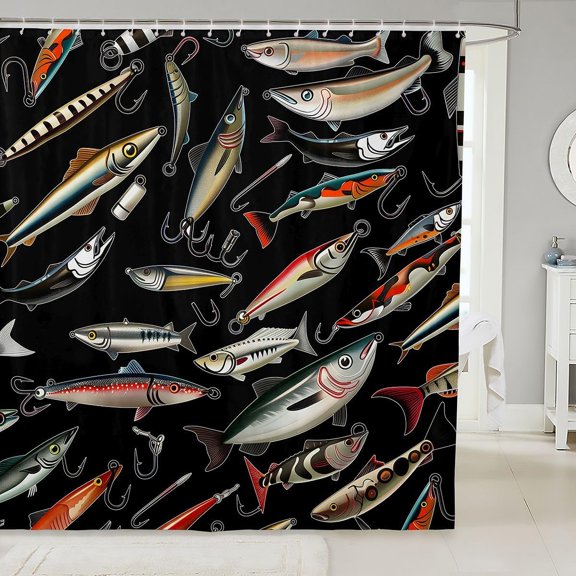 Fishing Lures Shower Curtain With Hooks Waterproof Fabric Bath Curtains For Bathroom 71x71 inches