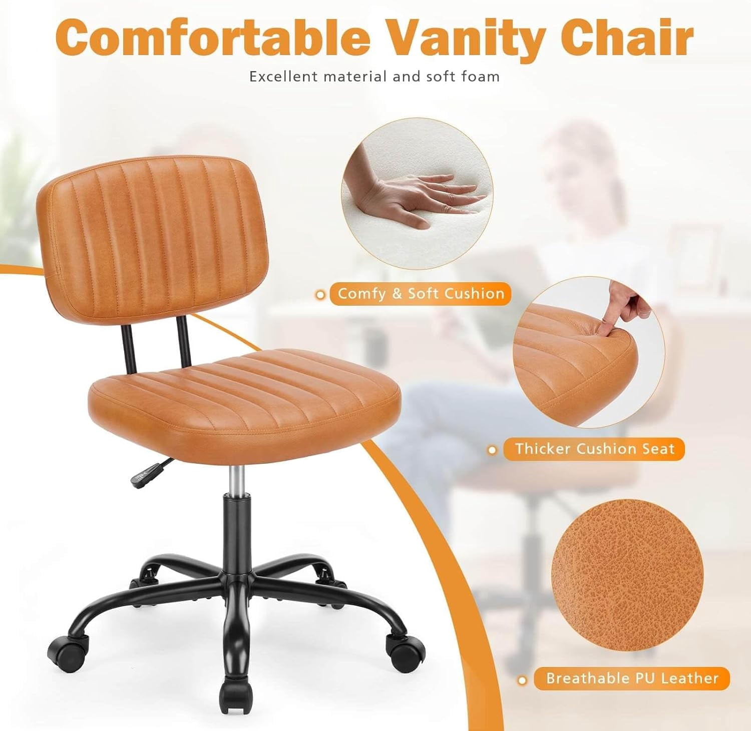 Atilioo Office Desk Chair, Armless Computer Chair with Wheels, PU Leather, Lumbar Support, 360° Rolling Swivel Task Chair for Home Office, Brown