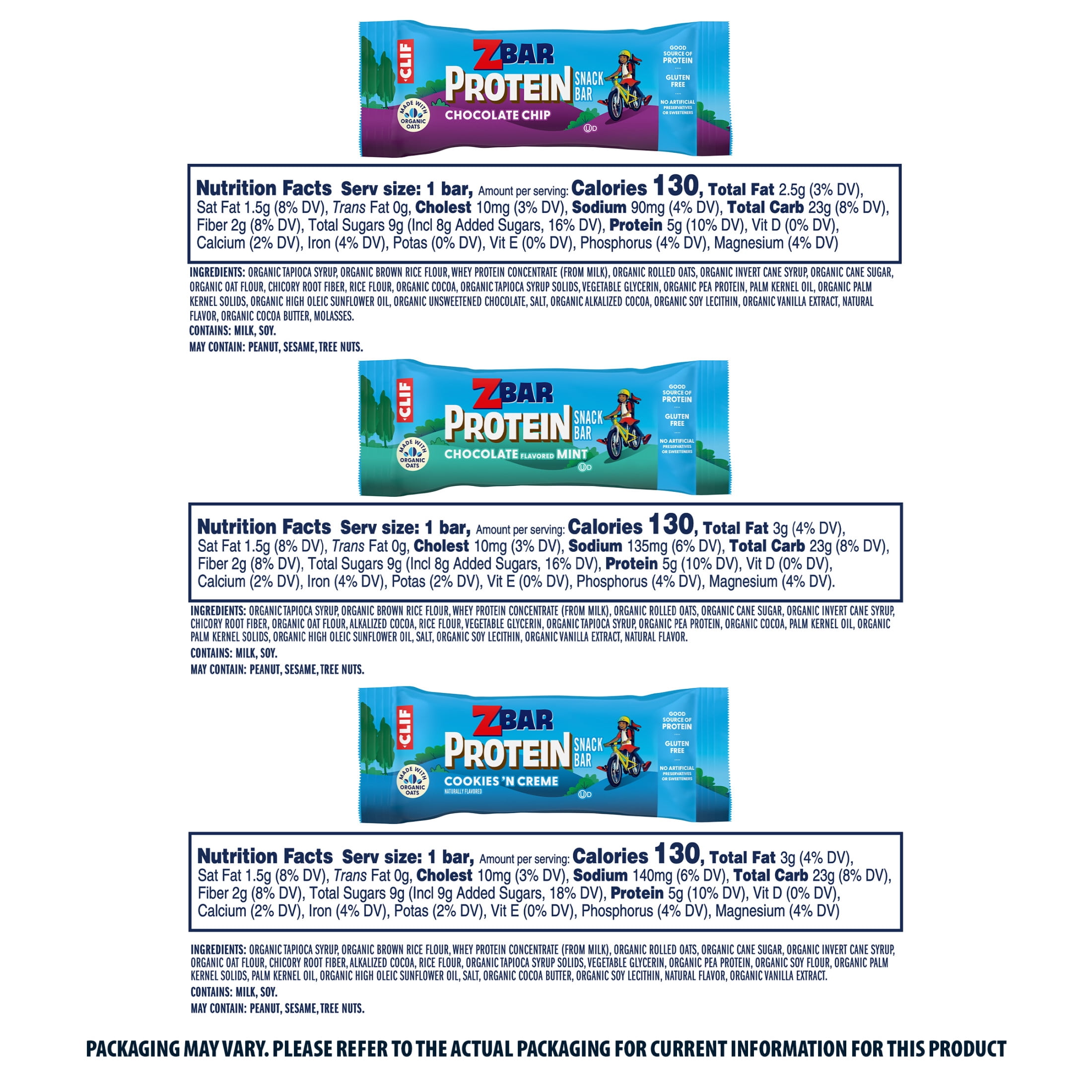 Zbar Protein Snack Bars Variety Pack, 3 Flavors, Gluten Free Protein Bars, Snacks for Kids, 30 count
