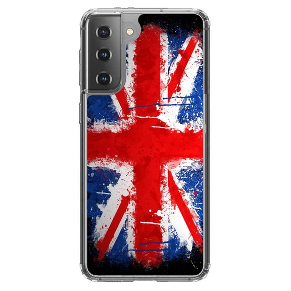 DistinctInk Clear Shockproof Hybrid Case for Galaxy S21 5G (6.2" Screen) - TPU Bumper, Acrylic Back, Tempered Glass Screen Protector - Red White Blue British Flag Graffiti - Love of the UK