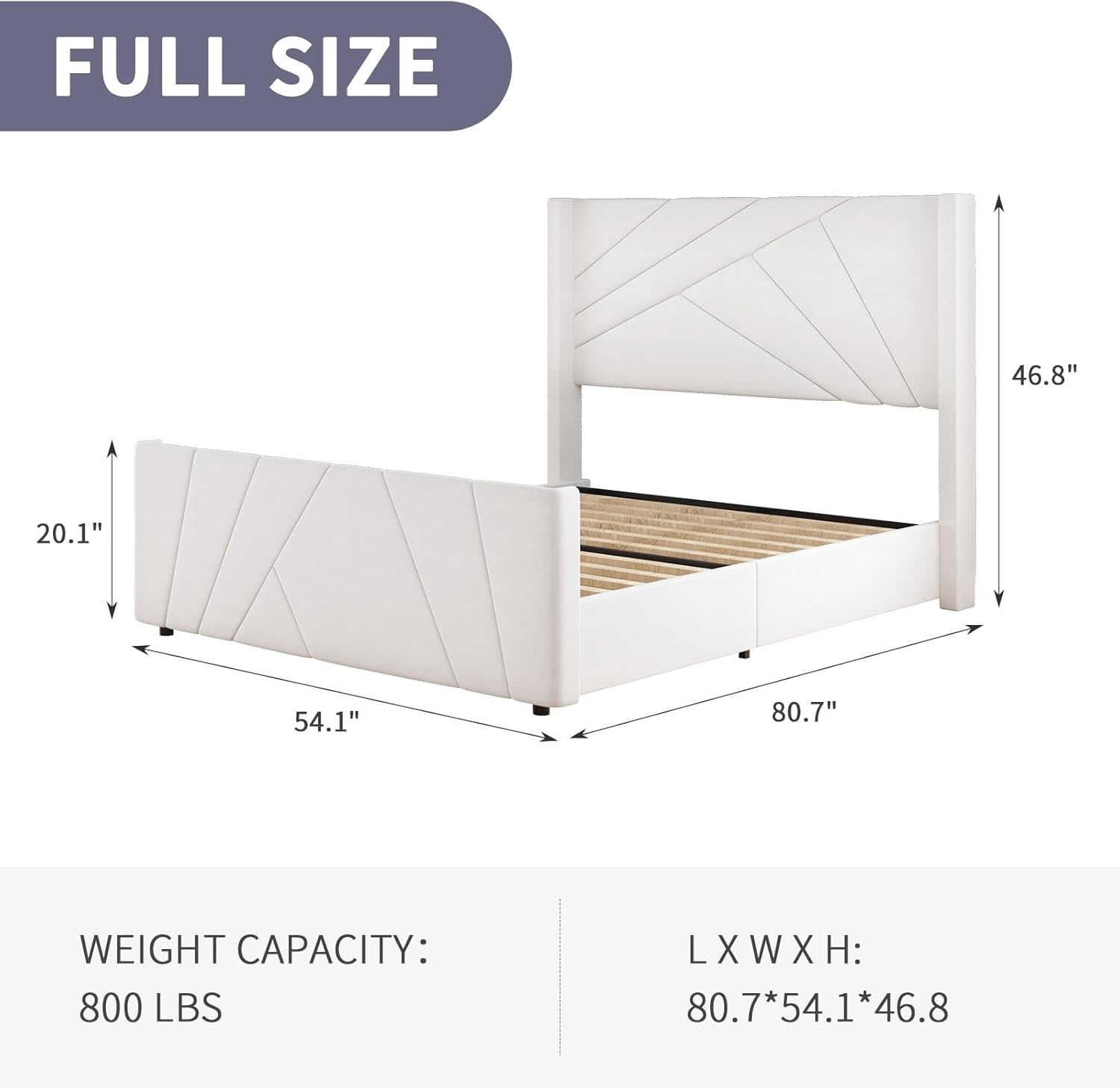 4 EVER WINNER Full Bed Frame, Velvet Upholstered Platform Bed with Headboard and Footbaord, Geometric Tufted Wingback Headboard & Footboard, White