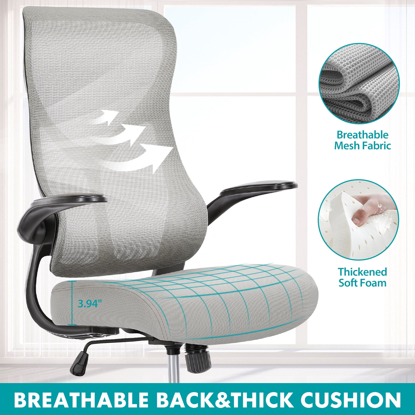 MAYEERTY Ergonomic Office Chair, Comfort Home Office Task Chair, Flip-up Arms and Adjustable Height, Gray