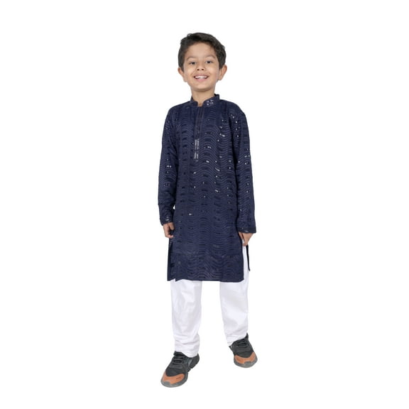 TRILOKI Kids Kurta Set for Boys Sequined Embroidery Navy Blue Rayon Indian Traditional Ethnic Wear