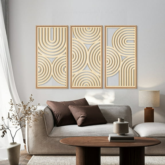 Large Boho Wood Wall Art Set of 3 Framed Wooden Mid-century Modern Wall Decor Minimalist Modern Abstract Geometric Decor for Living Room Bedroom Office-16x32 Inch