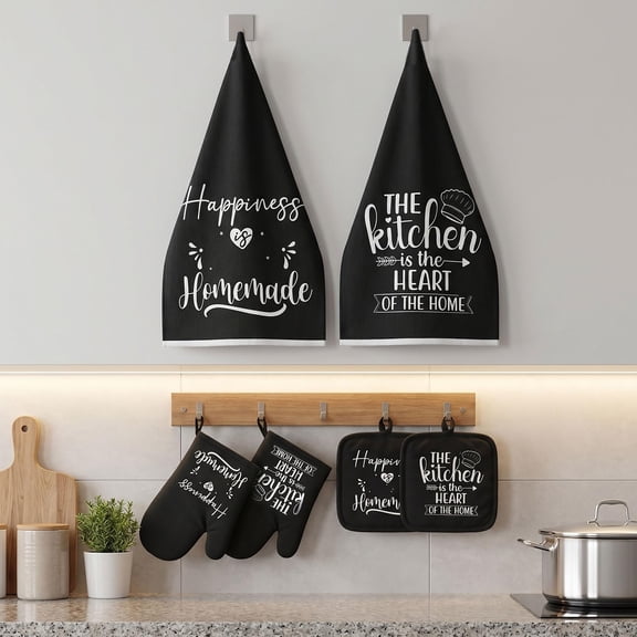 6 Pcs Farmhouse Kitchen Baking Set – Microfiber Dish Towels, Oven Mitts & Pot Holders, Black and White Cooking Accessories for Housewarming, Wedding, Christmas Gift