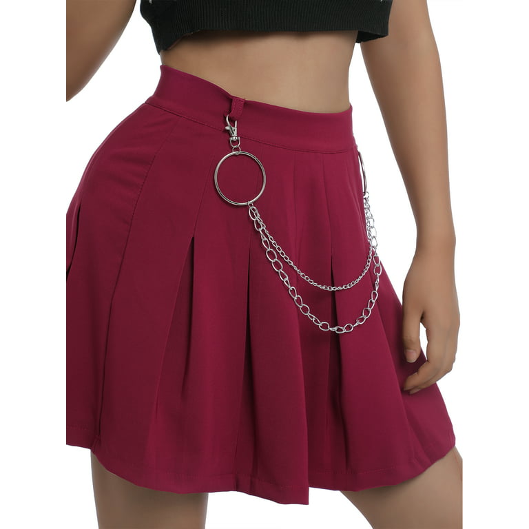 wybzd Women Girls Goth Y2k Pleated Mini Skirt High Waist Ruched Ruffle  A-line Skater Tennis Short Skirts with Chain Red XL