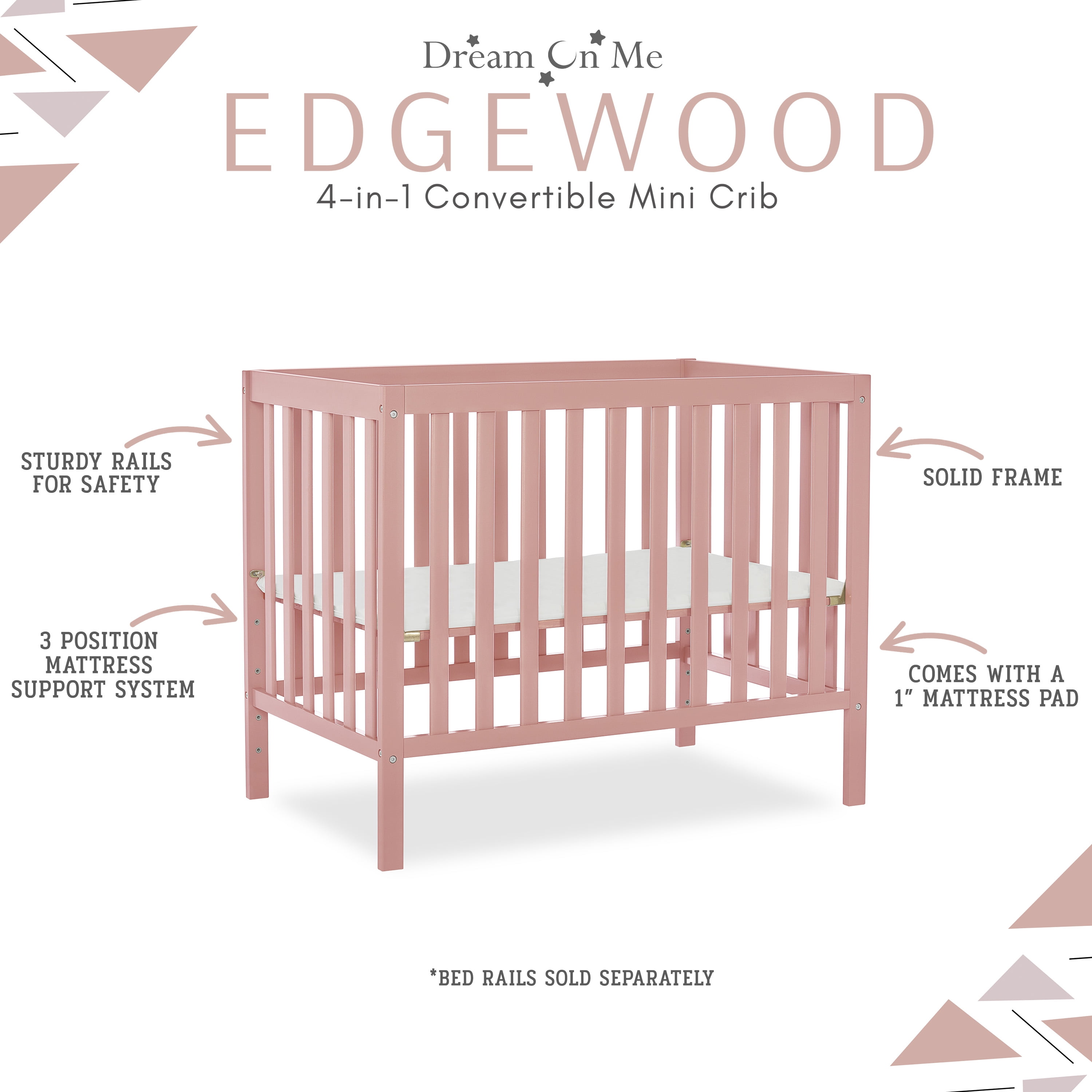 Dream On Me Edgewood 4 in 1 Convertible Mini Crib in Pink