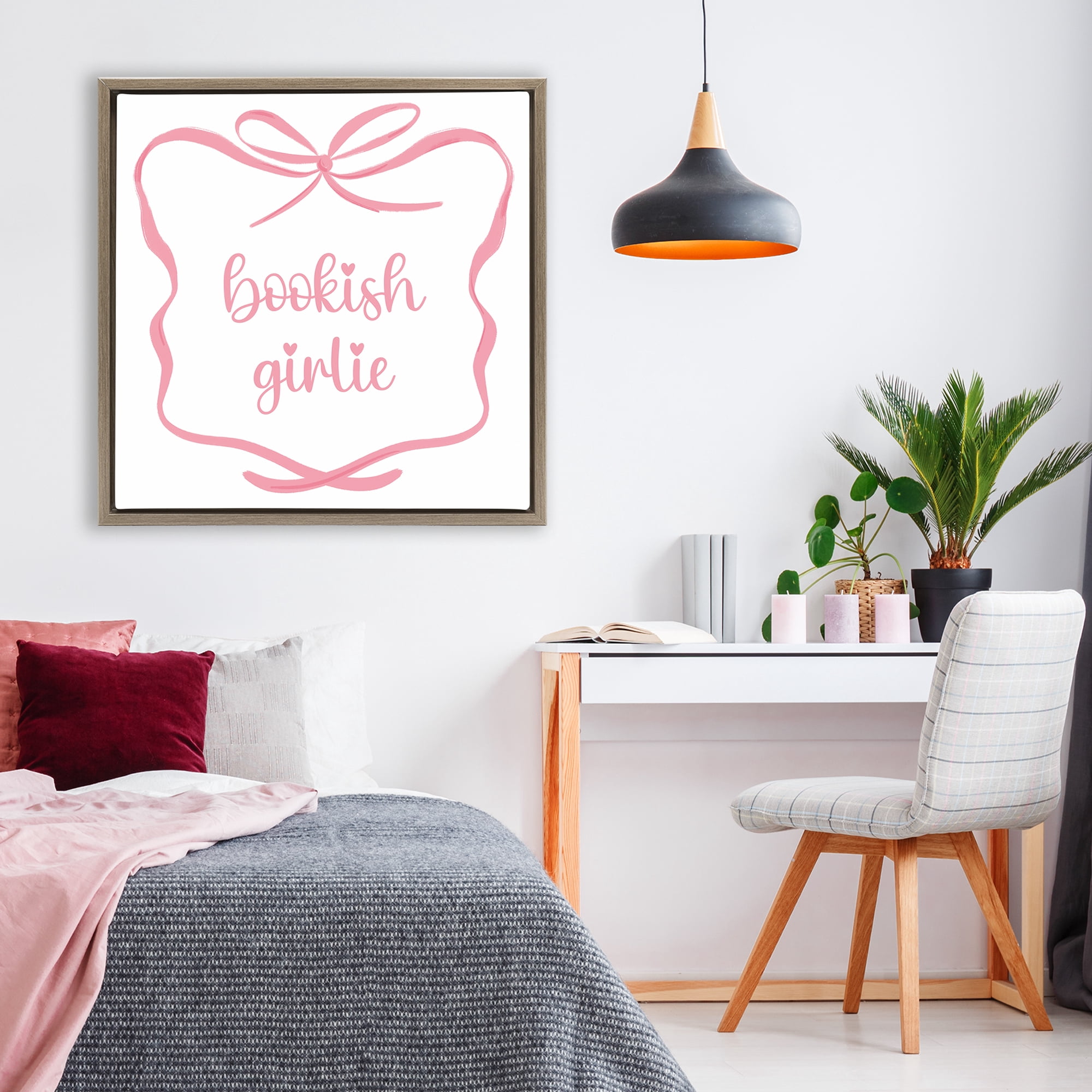 Stupell Industries Bookish Girlie with Bow Brown Framed Floater Canvas Wall Art, design by Lucille Price
