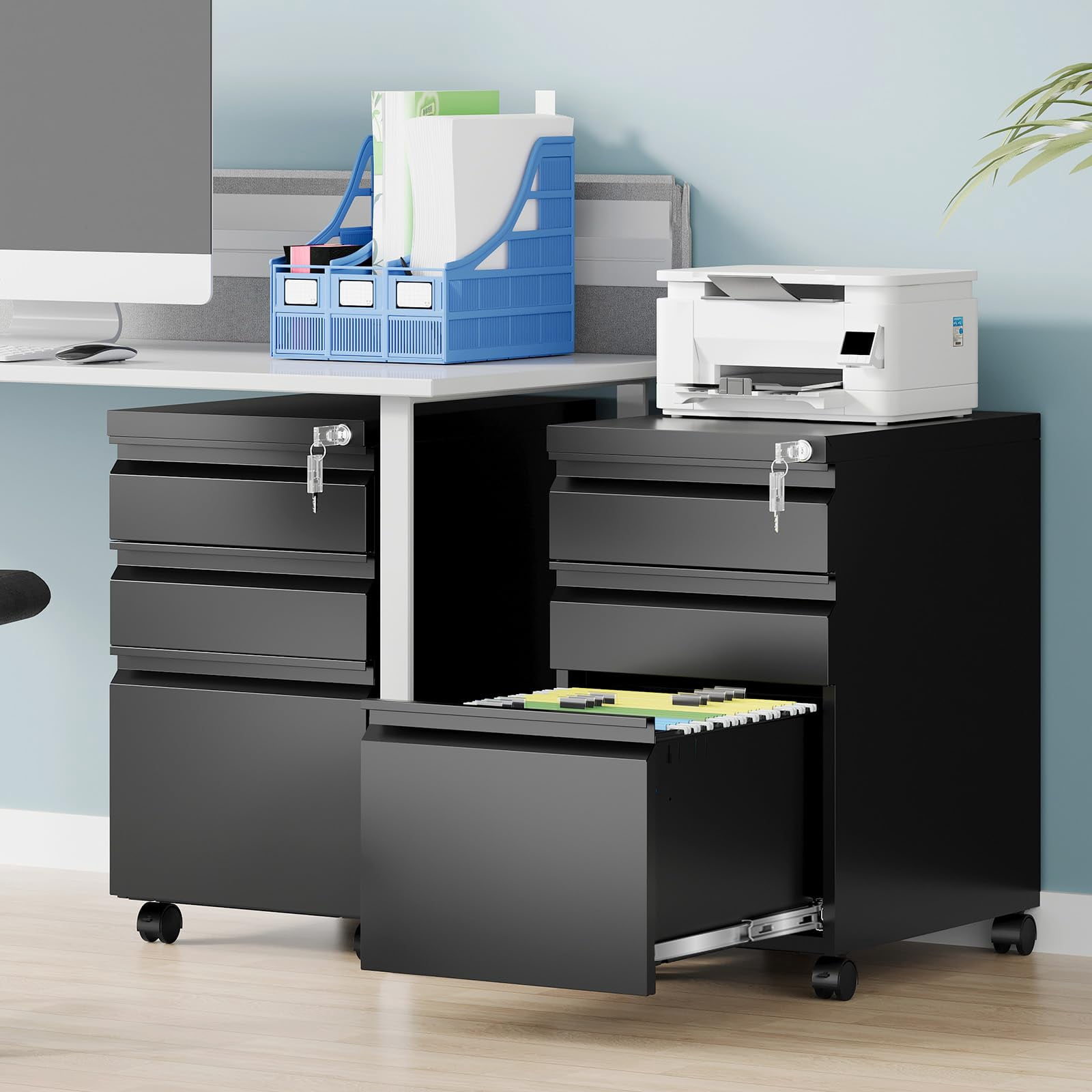 Office Rolling File Cabinet with 3 Drawers, Locking System for Security, Compact Under Desk Storage, Holds Hanging Folders (A4/Legal/Letter), Black