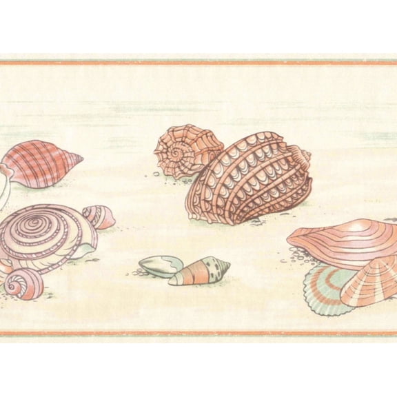 TRIMZ, Coastal Seashells Beach Shoreline, Wallpaper Border, Pre-pasted, 15 ft L x 6.8 in W, Coral, Green, Beige
