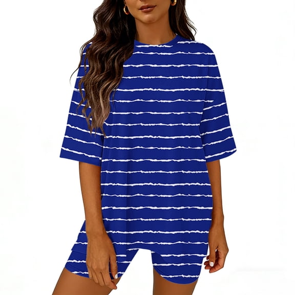 Amzcrzy_Two Piece Sets for Women Summer Trendy Stripe Lounge Sets for Womens Casual Round Neck Short Sleeve Top Elastic Waist Short Pants Suit Oversized Summer Vacation Outfits
