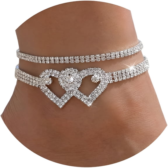 DESIGNICE Heart Rhinestone Ankle Bracelets for Women,Adjustable Silver Shiny Tennis Anklets,Twinkle Cubic Zircon Diamond Anklet Foot Chain Jewelry Gifts