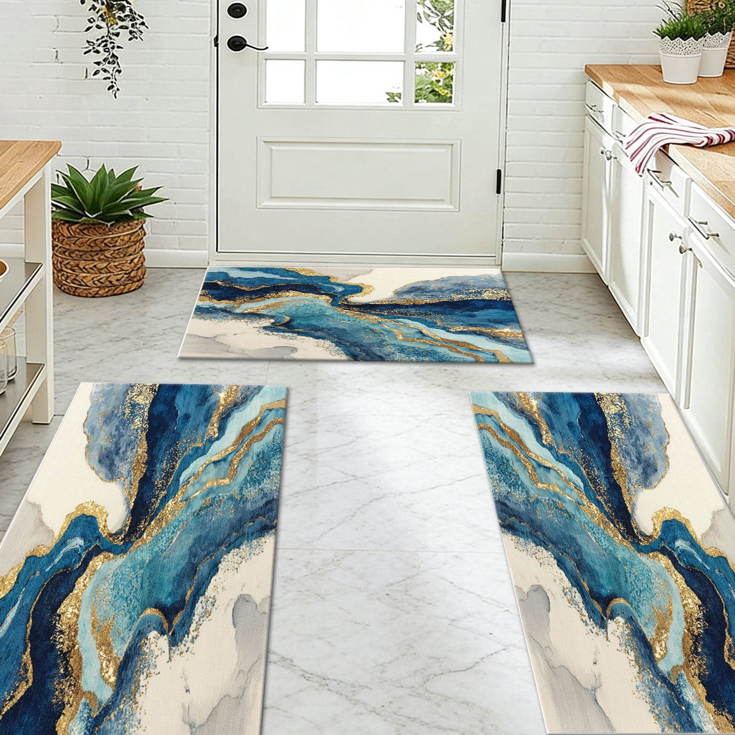 3-Piece Farmhouse Striped Kitchen Rug Set Anti-Slip Backing, Machine Washable Distressed Floor Mats for Kitchen Hallway Bathroom Laundry Room Christmas Decor