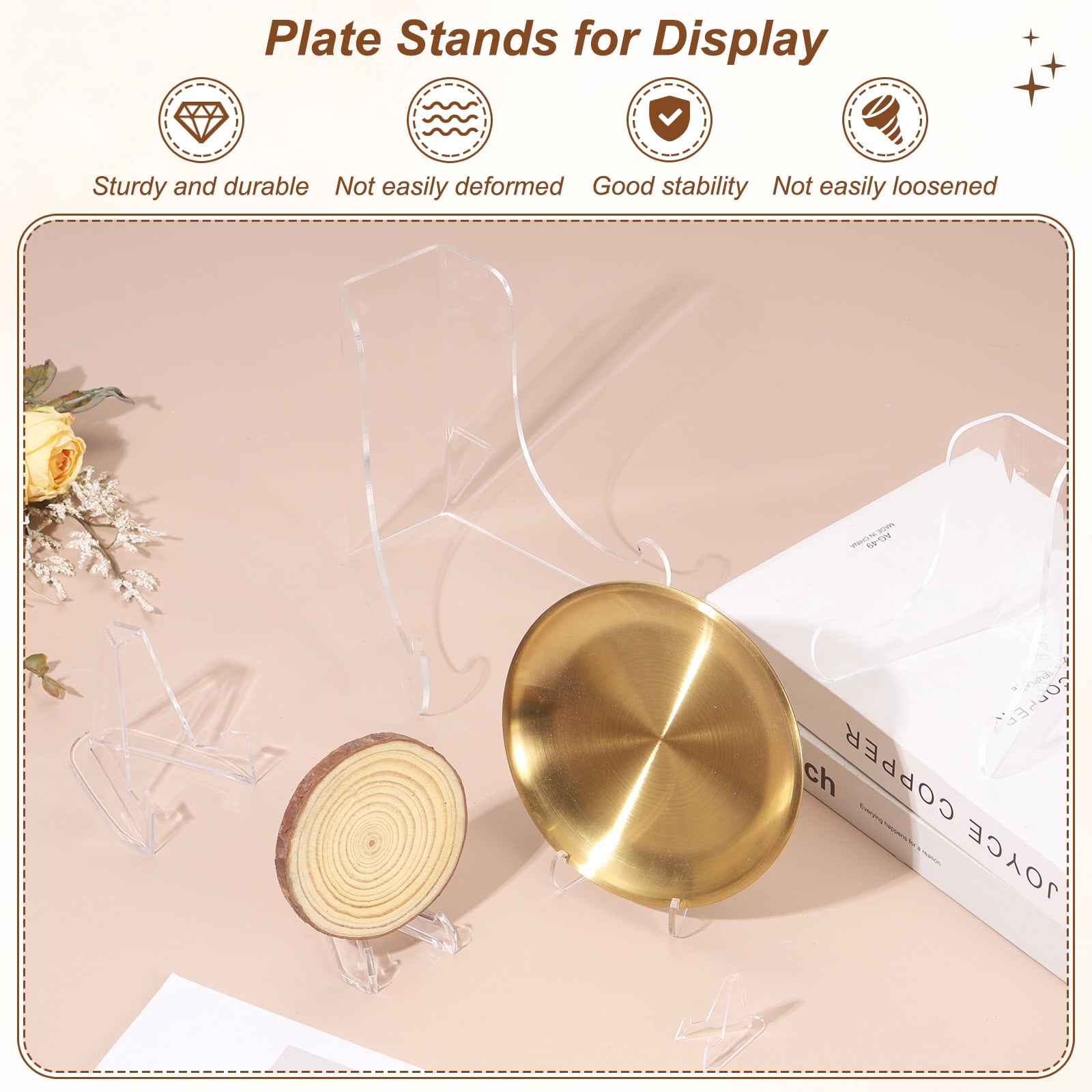 5 Inch Plastic Easel Stand, Display Plate Holders, Desktop Display Stand for Photo, Picture Frame, Card, Collectibles, Coins, Clear