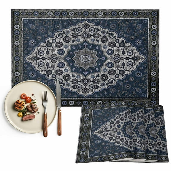 Placemats Set of 4, Boho Flower Placemats Set of 4, Navy Blue Bohemia Geometric Tribal Tablemats Placemat Table Decoration for Kitchen Table Dinner Party Home Decor Indoor Outdoor 13x19 Inch