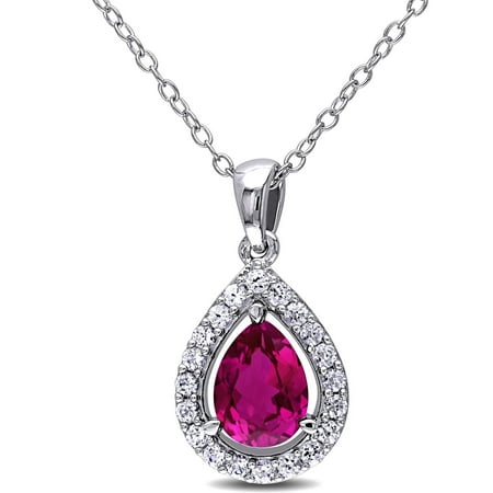 2-1/5 Carat T.G.W. Created Ruby and White Sapphire Sterling Silver Teardrop Pendant, 18