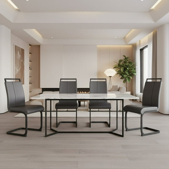 Modern Black PU Leather Dining Chairs with C-Shaped Metal Legs – Set of 4, Faux Leather Upholstery for Kitchen or Dining Room